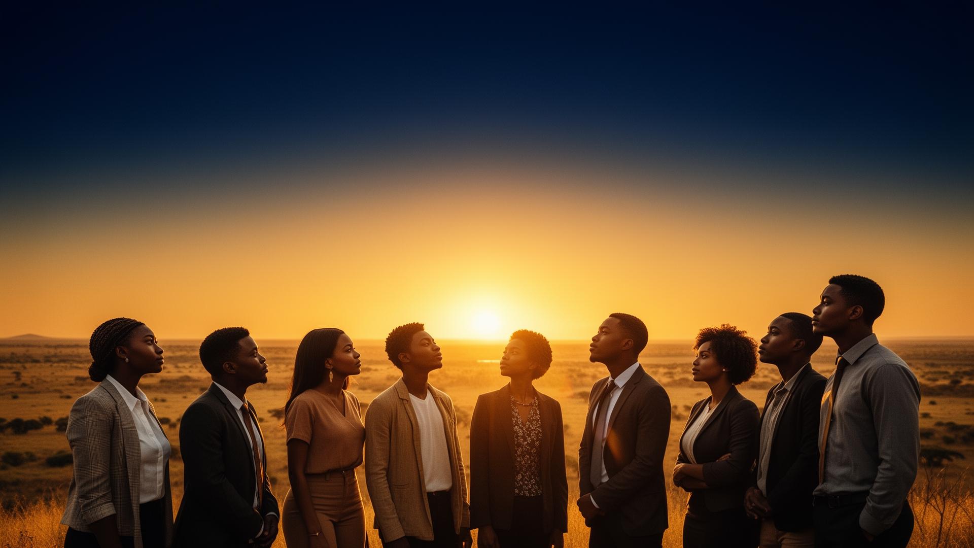 Young African leaders standing together facing the sunrise